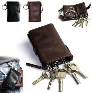 กระเป๋าใส่กุญแจกระเป๋าใส่บัตรหนังแท้ความจุใหญ่สำหรับผู้ชายกระเป๋าใส่เหรียญสำหรับผู้หญิงเคสพวงกุญแจรถยนต์ใช้ในบ้านมีซิปที่แขวนเอวมินิ