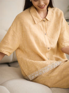 WUSEWUWEI | Pure Linen Casual Embroidered Jasmine Yellow Shirt Loose Fit Five Sleeve Capsule Turn Down Collar Vintage Splicing Womens Shirt