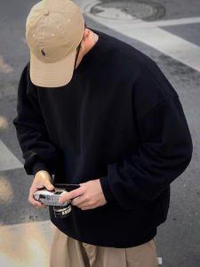 Retro American Fleece Lined Cotton Sweatshirt Loose Fit round Neck Mens Autumn Winter Heavyweight Base Layer Shirt Top