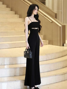 Elegant Black One-Piece Suit Womens Design Unique Strap High Waist Wide Leg Pants Slimming Long Pants Commute Style Polyester Fiber