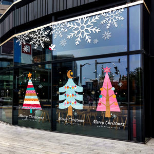 Christmas Colorful Cartoon Christmas Tree Electrostatic Glass Door Stickers Window Stickers Coffee Maternal and Infant Shop Decorations Arrangement