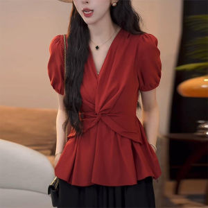Shalldoer | Fashionable Versatile Red V-Neck Shirt Womens Short Sleeve Slimming Waist Design Casual Loose Fit Summer Trendy Top
