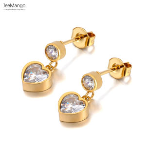 JeeMango Stainless Steel Cubic Zirconia Heart Stud Earrings Sparkling Crystal Earring Waterproof Jewelry For Women серьги E24172