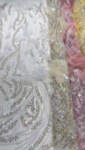 African 3D Flower Beaded Fabric Sequins Embroidery French Tulle Mesh Lace Fabric For Wedding Luxury Fashion 5 Yards Sewing
