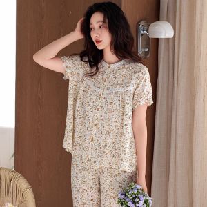 Miiow | Cat Woman Summer Sleepwear Thin Short Sleeve Floral Print Seven-Piece Pants Cotton Home Clothes Set For Young Women Casual