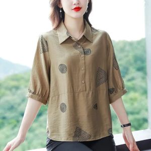 Top for Women Womens Summer Short Sleep Lapel T-shirt Plus Size Polo Collar Top Printed T-shirt Cotton Linen Blouse Floral Shirt