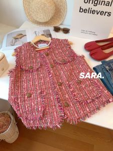 White Rose Pink Tweed Woven Classic Style Vest Vest Female Spring & Fall New Sleeveless Tassel Coat Top