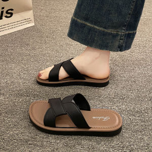 2025 New Womens Sandals Crossed Soft Bottom Outdoor Wear Beach Sandals Anti-Slip Flat Heel Korean Style Daily Wear PVC Material