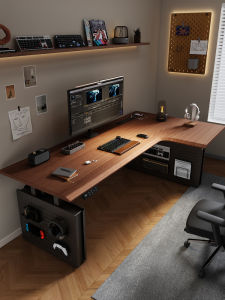 Electric Height Adjustable L-Shaped Computer Desk Corner Four Columns Full Solid Wood Home Office Study Desk Luxury Style