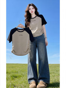 V.C.I | Color Block Letter Print T-Shirt Youthful Cinched Waist Top