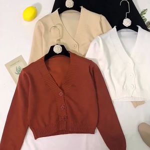 Korean Style Knitted Sweaters Cardigan Jacket  Womens Simple Long Sleeve Cardigan Crop Top 针织开衫外套
