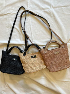 Natural Raffia Straw Handbag Womens Cassia Mini Basket Bag Crossbody Bag Casual Simple Style Cotton Lining Magnetic Buckle