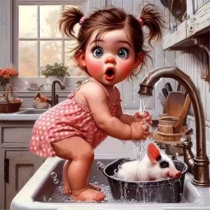 Kayou | Jigsaw Puzzle 500/1000 Pieces Cute Girl Wash Piglet Paper Puzzles Adult Present Portable Box for Family Games Educational Toys