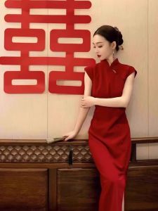 ชุดกี่เพ้าสีแดงสำหรับเจ้าสาว ชุดราตรีสุดหรูหรา ชุดกี่เพ้าจีนใหม่ ชุดแต่งงาน ชุดกี่เพ้าจีนแบบสั้น ชุดกี่เพ้าจีนแบบยาว ชุดกี่เพ้าจีนแบบลำลอง