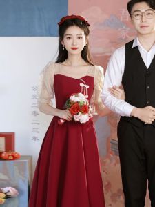 Elegant Red Midi Wedding Dress for Women Pearl Embellished High Waist A-Line Skirt Formal Evening Gown Suitable for Various Occasions