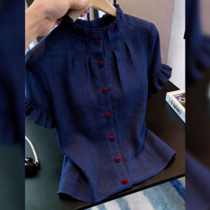 French Puff Sleeve Navy Button Ruffle Top