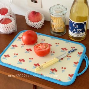 Retro Floral Cherry Double-Sided Cutting Board Kitchen Tool Vegetable Fruit Tray Photo Prop Soft Silicone Rectangular Shape