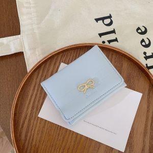 Ladies Short Butterfly Knot Simple Korean Style Wallet Compact Folding Card Holder Mini Wallet Soft PU Leather Horizontal Shape