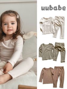 Uubabe Baby Long Johns Top & Bottom Set Pure Color Kids Pajamas Boys Girls Home Wear Intimates Suit Separates Cotton Knitwear