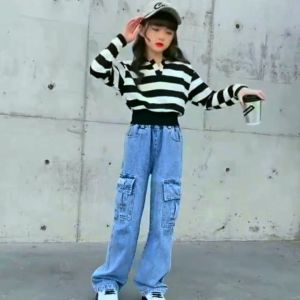 Celana Kargo Jeans Anak Perempuan Highwaist Cargo Celana Panjang Kulot Denim Pinggang Tinggi Kasual