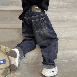 Thickened Fleece Lined Spring Autumn Denim Pants for Boys Integrated Velvet High Waist Long Trousers Childrens Fashion