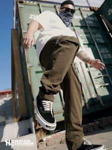 Retro Nuclear Explosion Work Pants Military Green Casual Straight Leg Trousers with Multiple Pockets mid Waist Cargo Pants