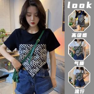 Áo Thun Tay Ngắn Độc Đáo Hai Mảnh Giả Thời Trang Mùa Hè Cho Nữ Thiết Kế Không Đều Gợi Cảm Dài Ngắn Không Đều Cổ Tròn Dáng Rộng