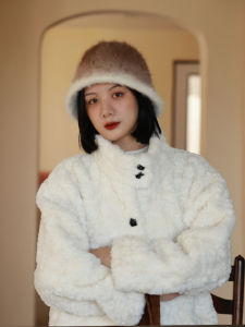 Fuzzy Rabbit Fur Bucket Hat Womens Winter Warm Face Slimming Fisherman Cap round Top Wide Brim Hat Ambient Color Gradient