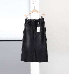 High Elasticity A-Line Denim Skirt Vintage Washed White Color Block Retro Black Half Skirt Womens Casual High Waist Skirt