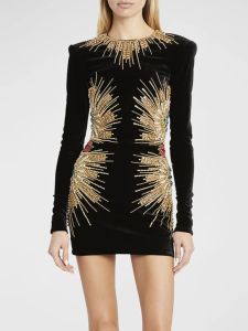 Spring Summer Elegant Thinming Velvet Long Sleeve Dress Glitter Heavy Embroidery Midi Skirt round Neckline Polyester Fiber