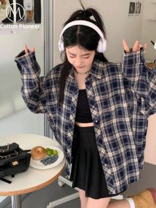 MIANXIANZHI | Blue Plaid Loose Long Sleeve Shirt Womens Early Autumn Thin Sun Protection Outerwear Lazy Style Comfortable Breathable Top