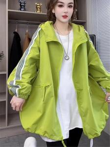 Plus Size Fat mm 150.00kg European Goods Casual Sun-Proof Outwear Womens Spring and Summer Loose Bars Patchwork Hooded Jacket 2