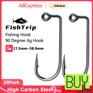 FishTrip Fishing Jig Hook 50pcs 90 Degree Jig Hook High Carbon Steel Long Shank Soft Plastic Mold Aberdeen Hook Saltwater