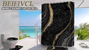 beifivcl 4Pcs Luxury Marble Shower Curtain Sets Bathroom Sets with Shower Curtain Toilet Lid Rug Bath Mat and Contour Mat Shower Curtain with 12 Hooks for Bathroom Set Decor 72 x 72 Inch Black﻿
