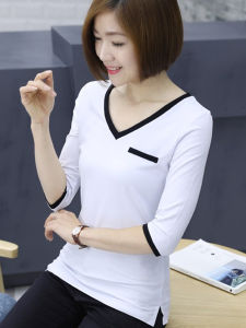 White Pure Cotton Thin Summer Top Womens V-neck Sleeveless T-shirt Korean Style Commute Artistic Pattern Moisture Wicking