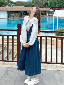 Blue Denim Single Shoulder Womens Dress Slimming Waist High Waist Korean Style Commute Long Sleeve Spring New Design Retro