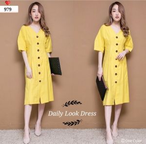 ●ECLAIRE● 063 Dress Selutut Vneck Lengan Pendek Shortsleeves Basic Kasual Casual Polos Plain Dailywear Kuning Mustard 978