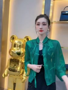 Elegant Lightweight Chinese Style Womens Shirt Green Floral Design See-through Back Slim Fit Long Sleeve Stand Collar Spring New Arrival