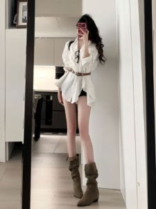 CHANGTONG | Stylish Petite French Waist-Cinching Shirt Dress