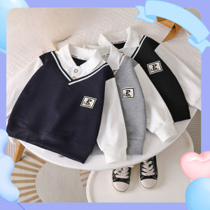 Korean Style Long Sleeve Shirt for Boys Fake Two Piece Collar Sweatshirt Casual Tops for Kids 1-12 Years Old