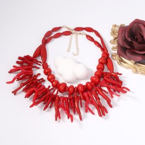 Hot Boho Style Double Layer Wear Resin Coral Necklace Womens Fashion Personality Plant Red Jewelry Necklace