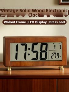 Hense | LCD Digital Display Temperature Calendar Wooden Table Clock