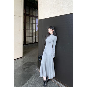 French Grey Long Sleeve Midi Dress Womens Slimming A-Line Knee-Length Dress Commute Style Half High Collar Maxi Dress