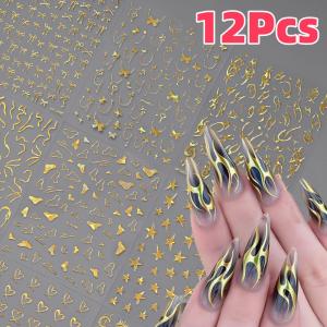 12Pcs 3D Laser Gold Flame Star Heart Nail Stickers Irregular Lines Bowknot French Chain Self-adhesive Slider DIY Manicure Decals