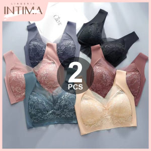 INTIMA 2 PCS/SET cawan tetap tanpa wayar Plus saiz Bra untuk wanita pertengahan umur dan tua renda seksi menolak seluar dalam jaket lancar tidur Brassiere harian