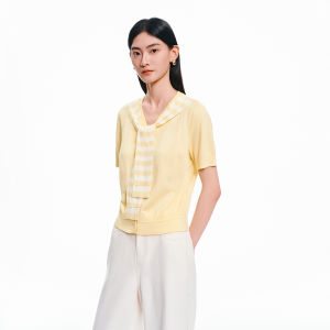 Koradior | Yellow Stripe Spliced Design Knit Top S