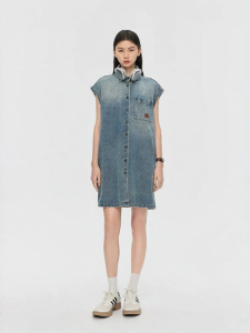 URLAZH | Retro Gradient Washed Blue Collar Pure Cotton Sleeveless Jean Dress