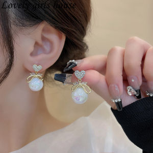 【♡Lovely girls house♡】Korean Style Mermaid Love Bow Pearl Drop Earrings for Women Dangle Earrings Wedding Jewelry Gifts
