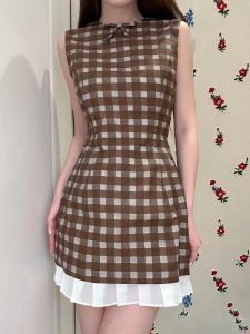 Teshushu Elegant Plaid Sleeveless Slimming Dress Chinese Style A-Line Skirt Wrap Waist Design Casual Summer Fashion Dress