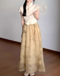 New Chinese Style Zen Print Skirt Womens Summer New Arrival Plus Size Plus Size Ladies Elegant Mid Length Long Length Mesh Skirt